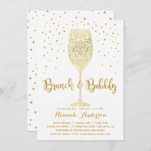 Faux Gold  White Brunch  Bubbly Bridal Shower Invitation