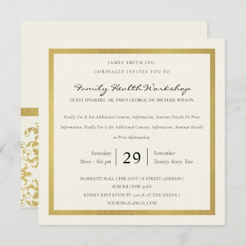 FAUX GOLD WHITE DAMASK CLASSIC WORKSHOP EVENT INVITATION