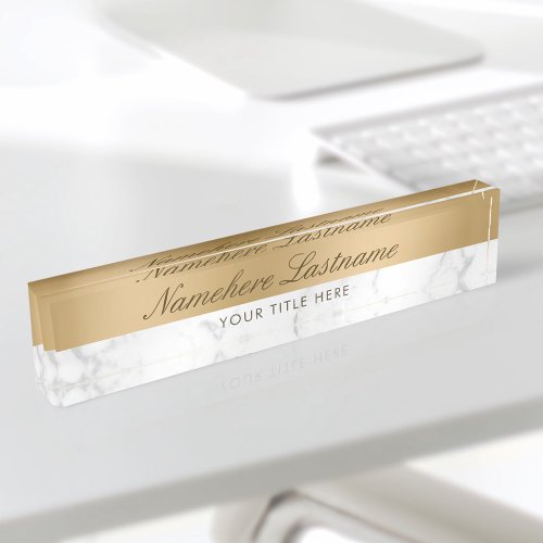 Faux Gold White Grey Marble Elegant Script Desk Name Plate