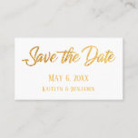 Faux Gold, White, Save the Date & Wedding Detail Business Card<br><div class="desc">Keep your wedding guests in the loop with all your details with these pretty, comprehensive wedding favor insert cards. These pretty cards reflect an elegant, casual style. Elegant text overlays were designed using a modern, bold, casual script font embellished with a faux gold foil effect. One side reads "Save the...</div>