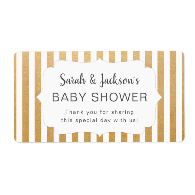 Faux Gold White stripes baby shower thank you Label (Front)