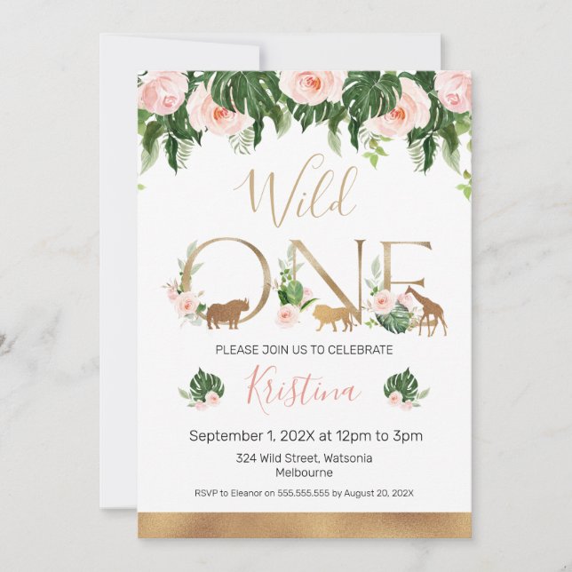 Faux Gold Wild One Floral Safari Birthday  Invitation (Front)
