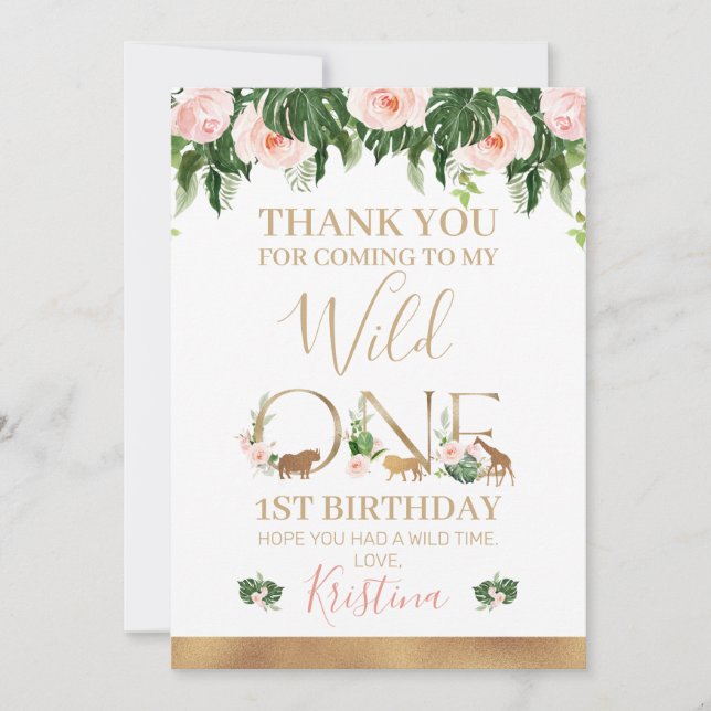 Faux Gold Wild One Floral Safari Thank You Card (Front)