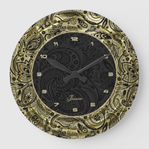 Faux Gold With Black Paisley  Background Large Clock