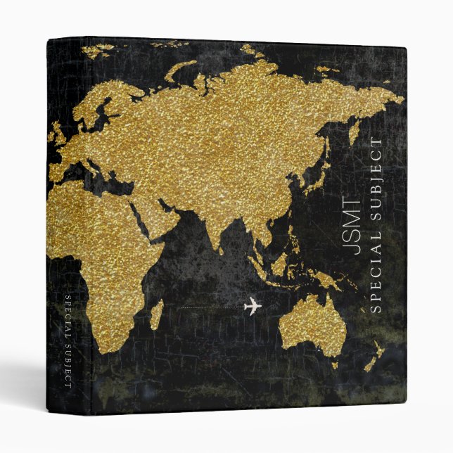 Faux Gold World Map International Subjects 3 Ring Binder (Front/Spine)