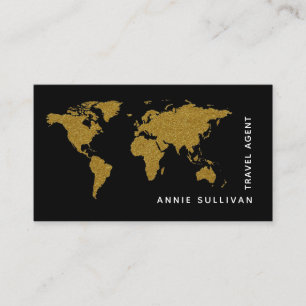 Faux Gold World Map Travel Agent black Business Card