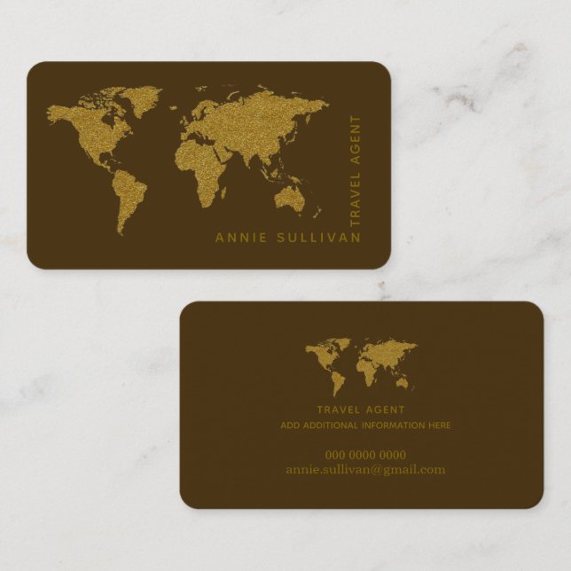Faux Gold World Map Travel Agent brown  Business Card (Front/Back)