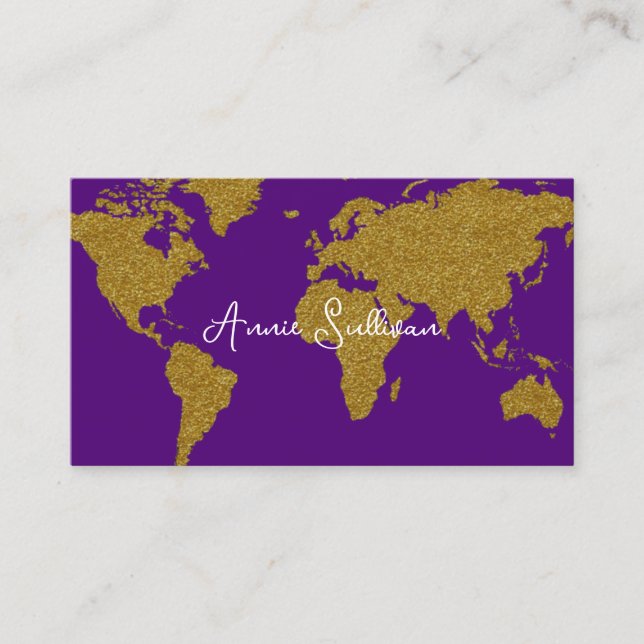 Faux Gold World Map Travel Agent Purple Business Card (Front)