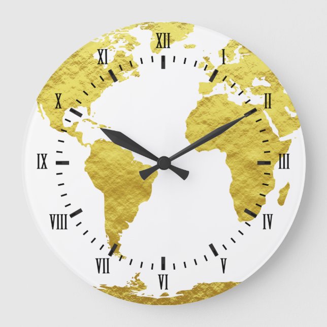 Faux Gold World Map Wooden Planks White Numerals Large Clock (Front)