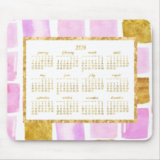 Faux Gold Yearly 2024 Calendar Mouse Pads Pink