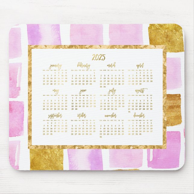 Faux Gold Yearly 2025 Calendar Mouse Pads Pink (Front)