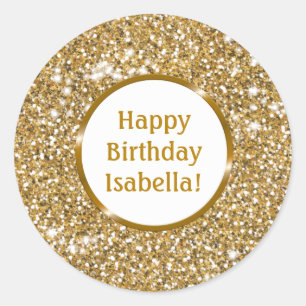 Faux Gold Yellow Glitter Custom Happy Birthday Classic Round Sticker