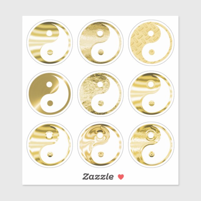 Faux Gold Yin Yang Symbol Textured Metallic Set 9 Sticker (Sheet)