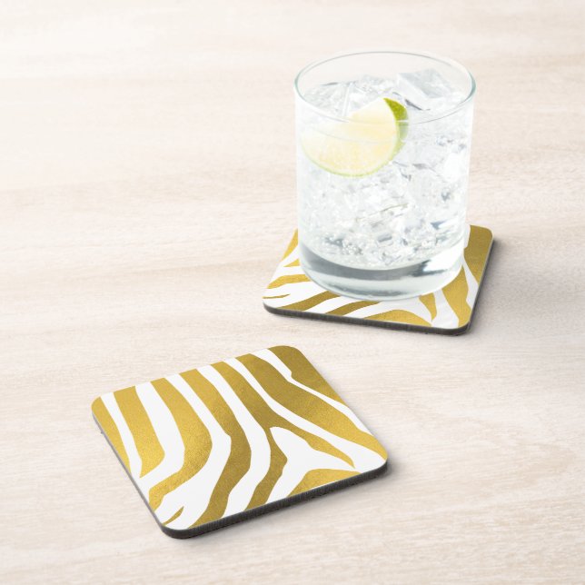 Faux Gold Zebra Print Stripes Pattern Beverage Coaster (Right Side)