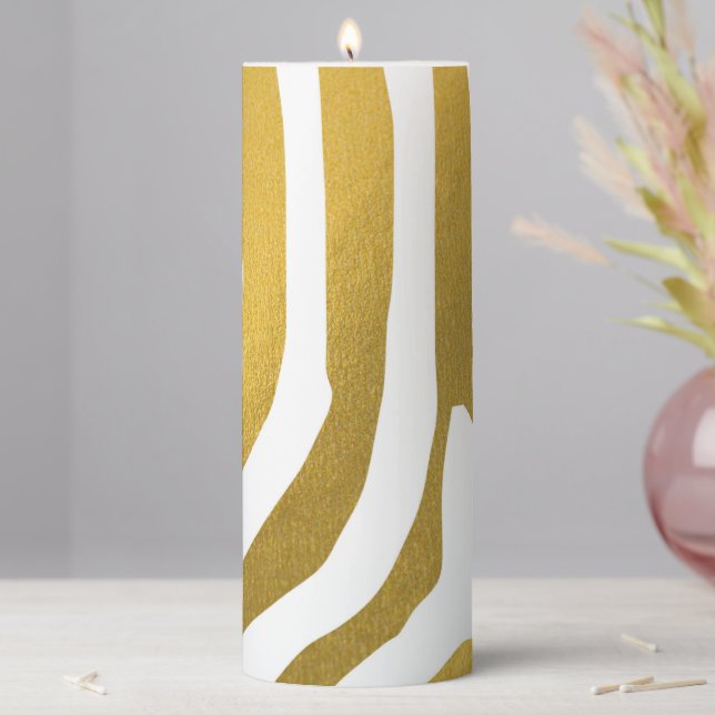 Faux Gold Zebra Print Stripes Pattern Pillar Candle (In Situ)