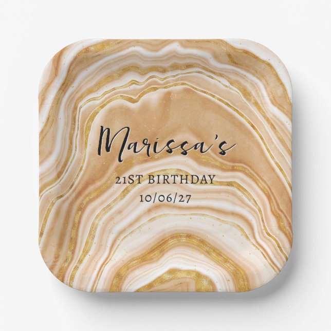 Faux Golden Agate 21st Birthday Paper Plates (Front)
