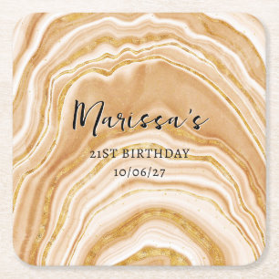 Faux Golden Agate 21st Birthday Square Paper Coaster