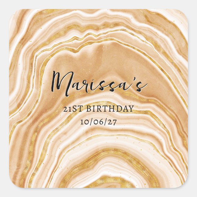 Faux Golden Agate 21st Birthday Square Sticker (Front)