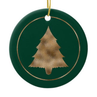 Faux Golden Foil Christmas Tree Shape On Green Ceramic Ornament