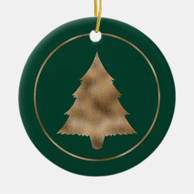 Faux Golden Foil Christmas Tree Shape On Green Ceramic Ornament (Front)