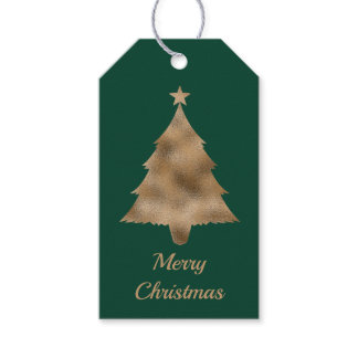 Faux Golden Foil Christmas Tree Shape On Green Gift Tags
