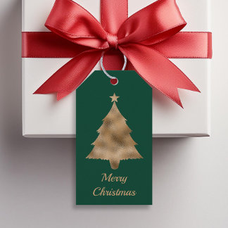 Faux Golden Foil Christmas Tree Shape On Green Gift Tags