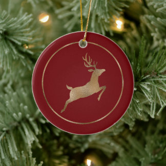 Faux Golden Foil Reindeer On Red (Not Real Foil) Ceramic Ornament