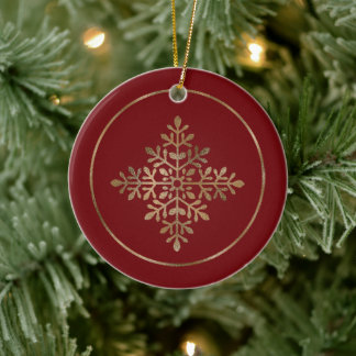 Faux Golden Foil Snowflake On Red (Not Real Foil) Ceramic Ornament