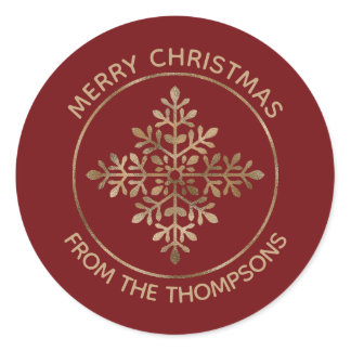 Faux Golden Foil Snowflake On Red (Not Real Foil) Classic Round Sticker