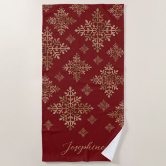Faux Golden Foil Snowflakes On Red (Not Real Foil) Beach Towel