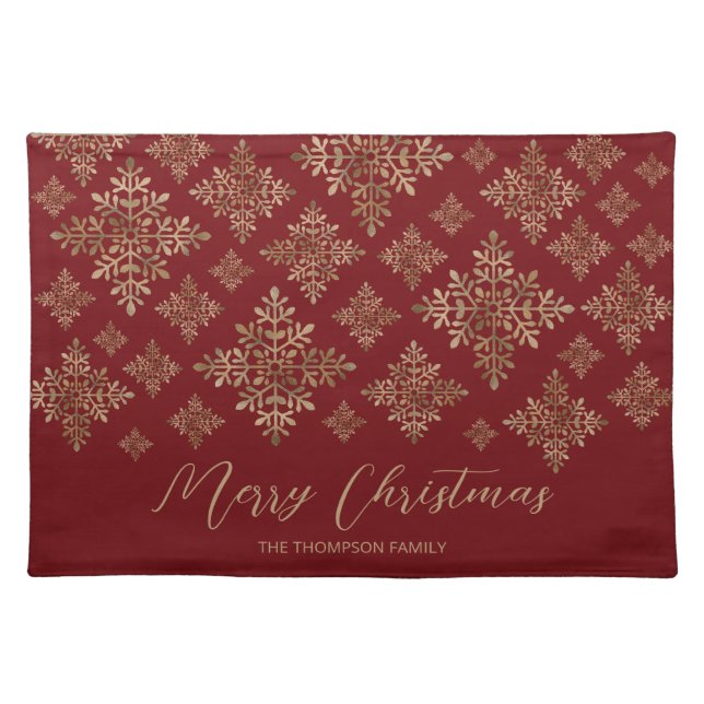 Faux Golden Foil Snowflakes On Red (Not Real Foil) Cloth Placemat (Front)
