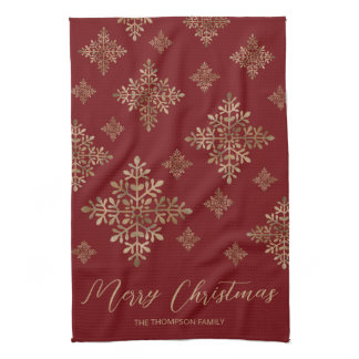Faux Golden Foil Snowflakes On Red (Not Real Foil) Kitchen Towel
