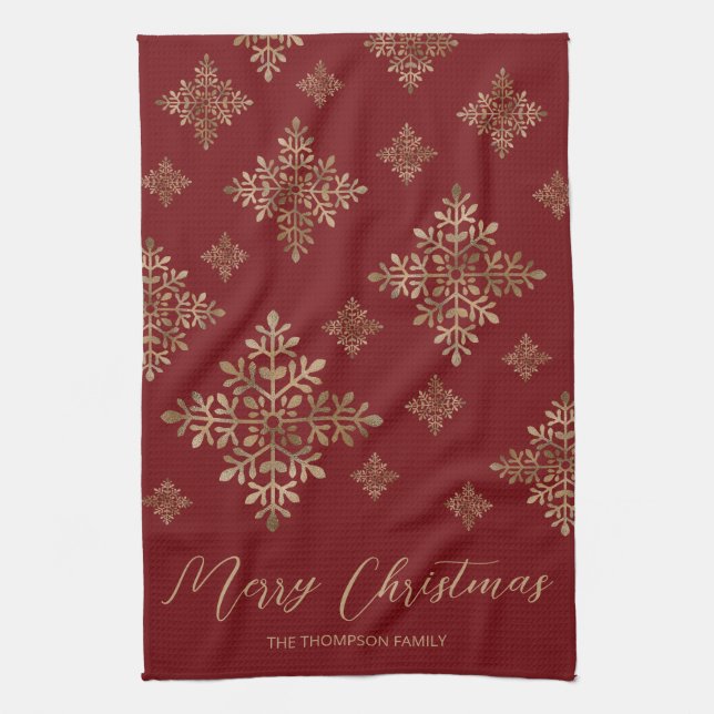 Faux Golden Foil Snowflakes On Red (Not Real Foil) Kitchen Towel (Vertical)