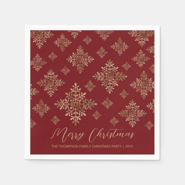 Faux Golden Foil Snowflakes On Red (Not Real Foil) Napkins (Front)