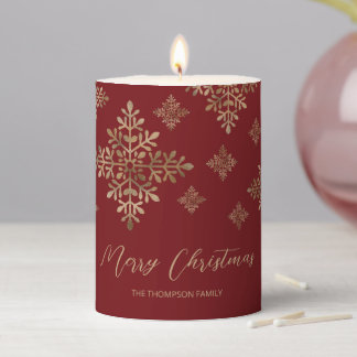 Faux Golden Foil Snowflakes On Red (Not Real Foil) Pillar Candle