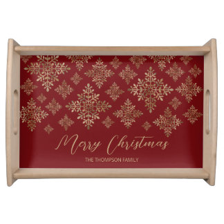 Faux Golden Foil Snowflakes On Red (Not Real Foil) Serving Tray