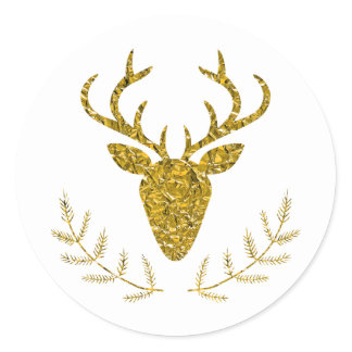 Faux Golden Foil Textured Christmas Deer Head Classic Round Sticker