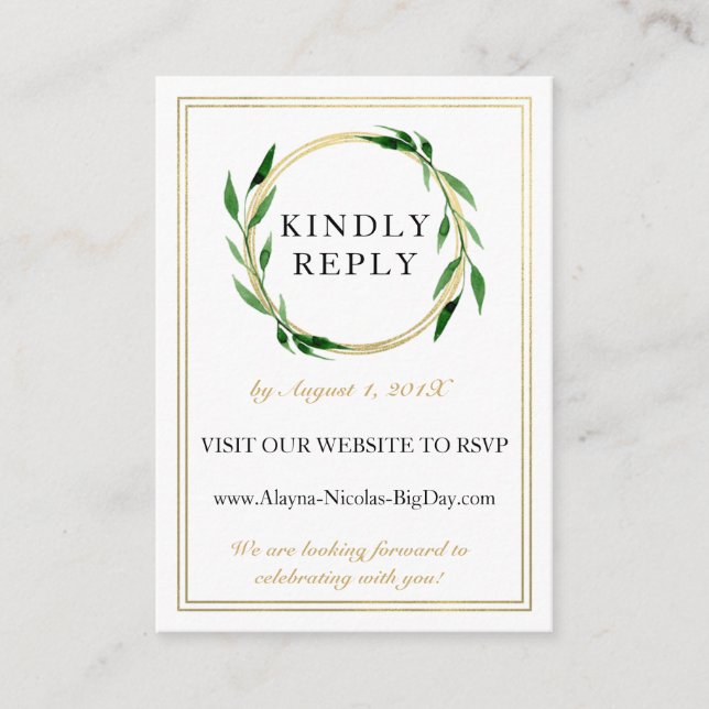 Faux Golden Wreath Wedding RSVP Card (Front)