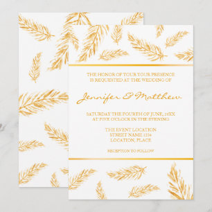 Faux Golden Yellow Color Feathers Elegant Wedding Invitation
