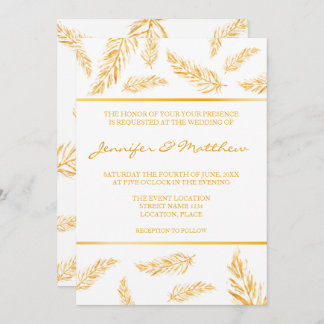 Faux Golden Yellow Color Feathers Elegant Wedding Invitation