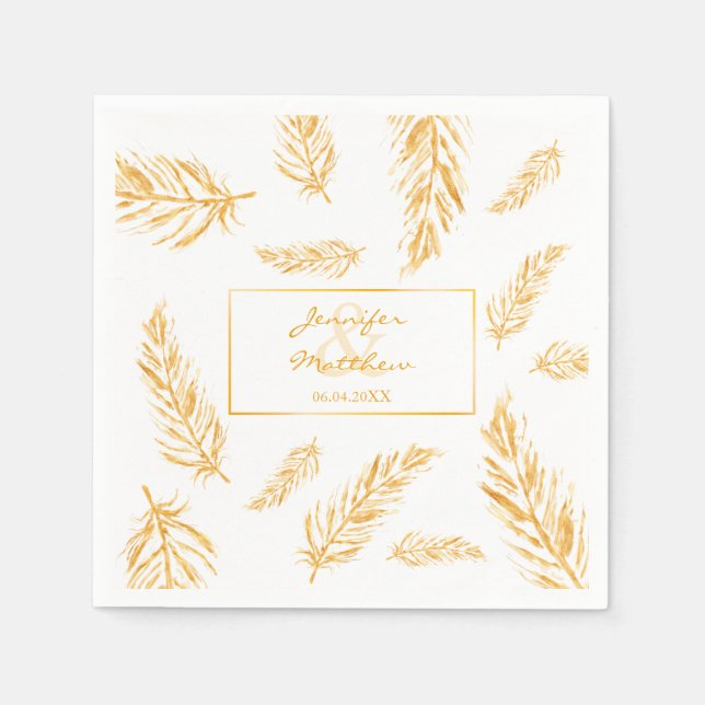 Faux Golden Yellow Feathers & Wedding Couple Names Napkins (Front)