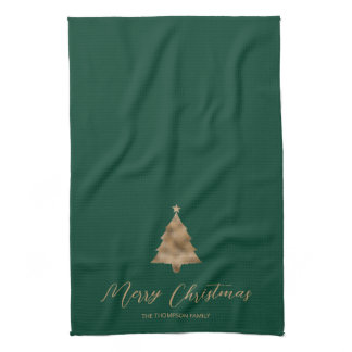 Faux Golden Yellow Foil Christmas Tree On Green Kitchen Towel