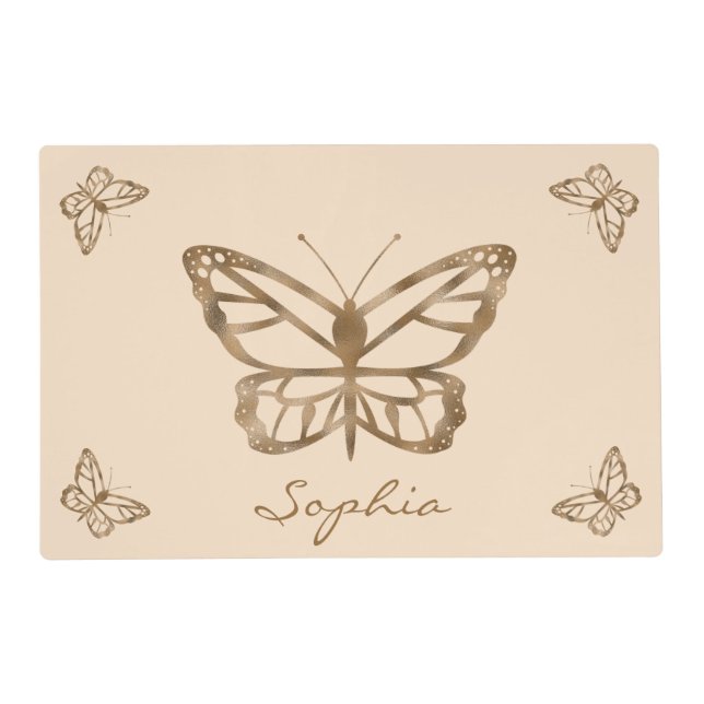 Faux Golden Yellow Foil Look-like Butterfly & Name Placemat (Front)