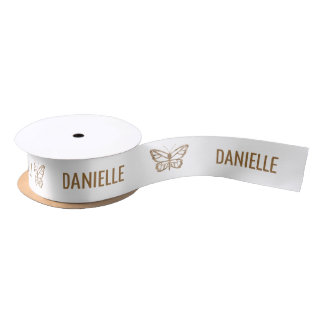Faux Golden Yellow Foil Look-like Butterfly &amp; Name Satin Ribbon