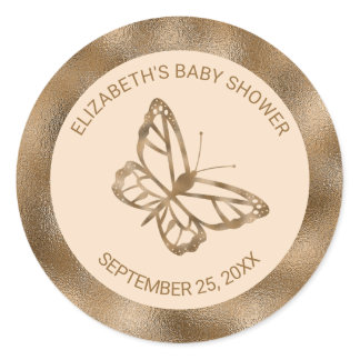 Faux Golden Yellow Foil Look-like Butterfly &amp; Text Classic Round Sticker