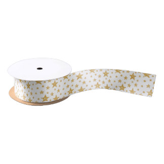 Faux Golden Yellow Glitter Look-like Stars Pattern Satin Ribbon