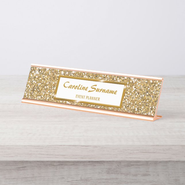 Faux Golden Yellow Glitter Texture & Custom Text Desk Name Plate (Front)