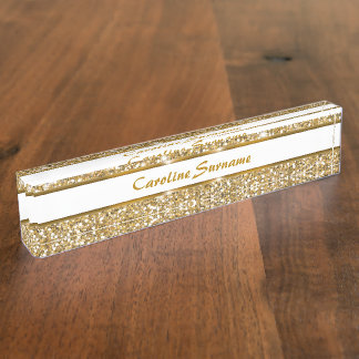 Faux Golden Yellow Glitter Texture &amp; Custom Text Desk Name Plate
