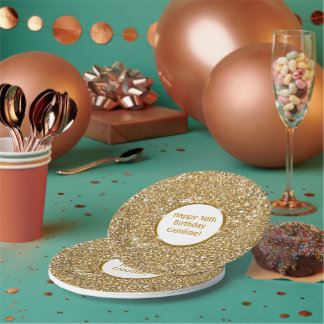 Faux Golden Yellow Glitter Texture & Custom Text Paper Plates