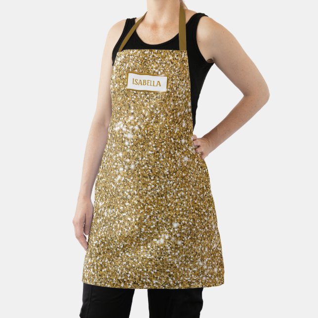 Faux Golden Yellow Glitter Texture Look & Name Apron (Insitu)